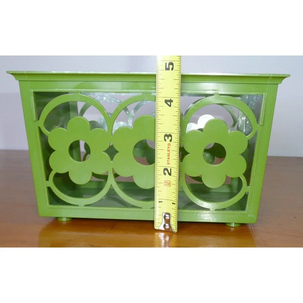 Vintage Avocado Green Daisy Flower Plastic Napkin Holder Basket Boho 70s Decor